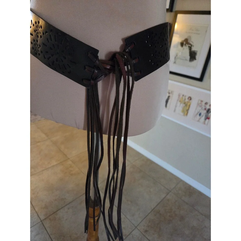 Vintage Dark Brown Leather Wide Waist Belt Laser Cut Floral Lace Up Tassel
